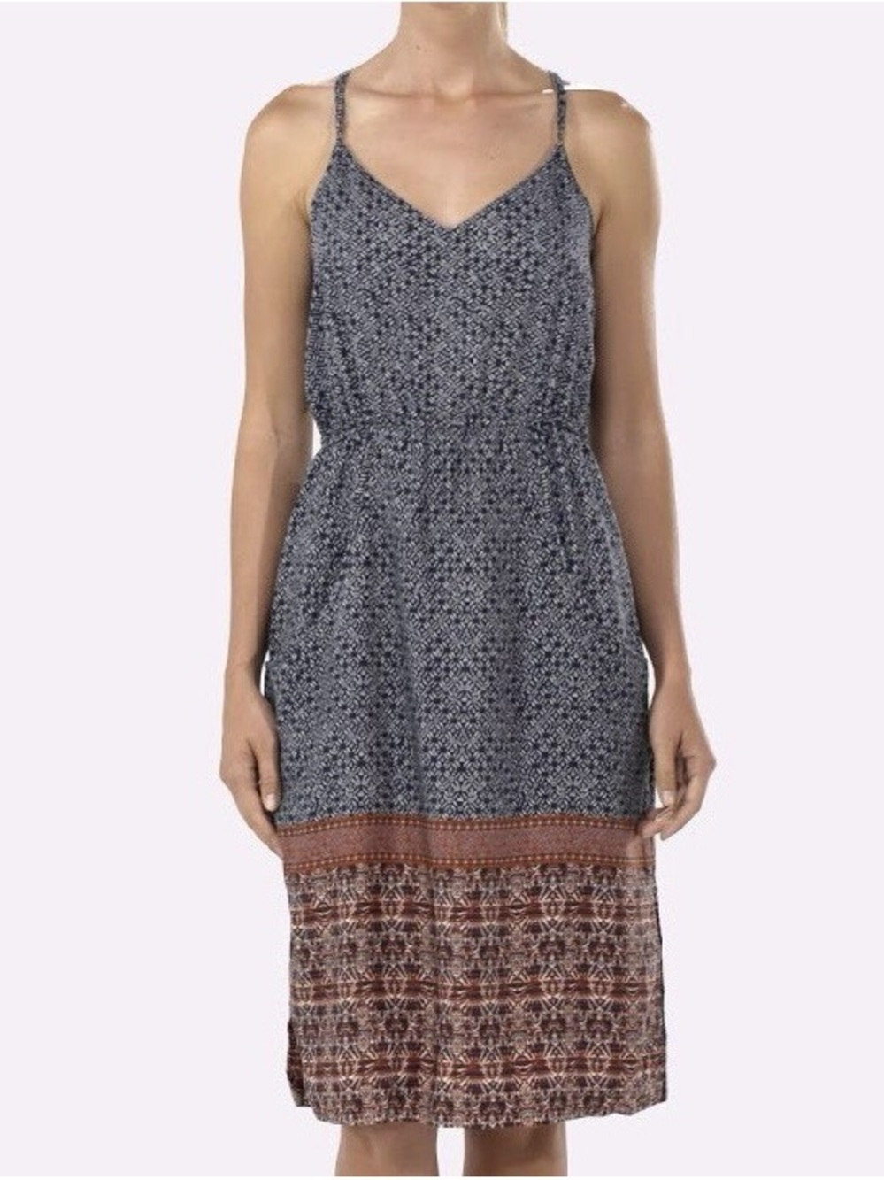 Patagonia Lost Wildflower Blue Printed Spaghetti-Strap Midi Dress with Rust Hem